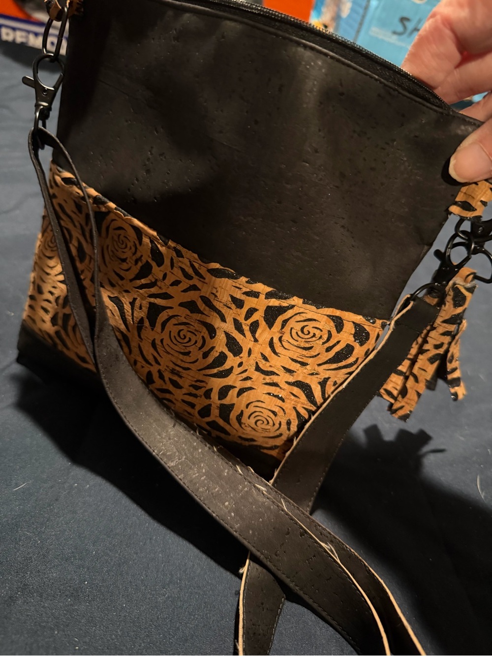 Black and Tan Floral-Print Crossbody Bag with Adjustable Strap